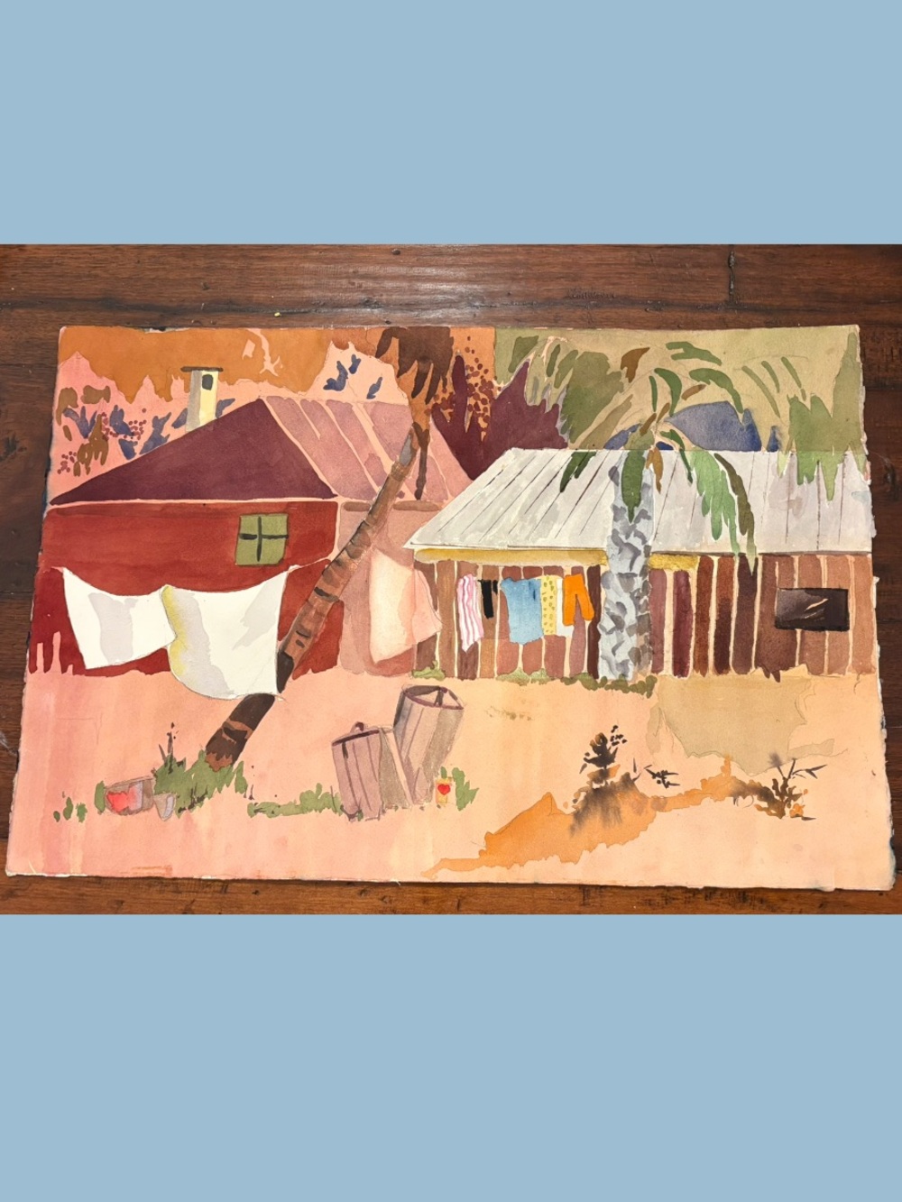 LARGE Original art watercolor tropical island coastal colorful painting